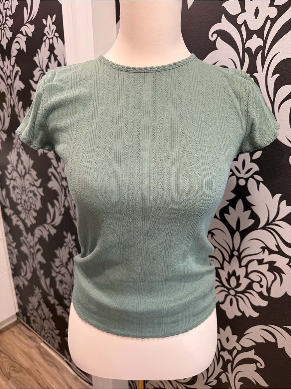 J. Crew SZ Sm Sage Ribbed Pointelle Short Sleeve Top with Scallop Trim